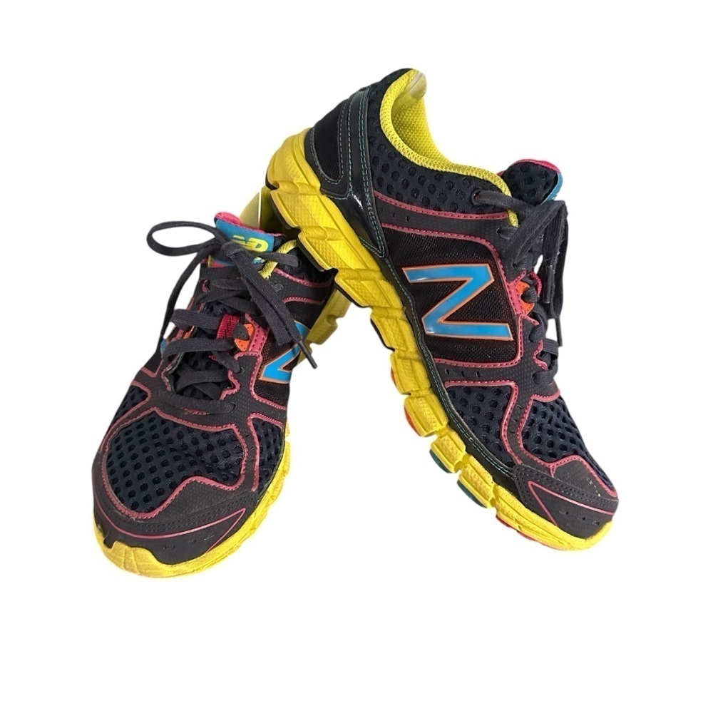 New Balance Women's Black Yellow Athletic Shoes with Blue Accents
